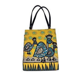Boho Folk‑Art Mustard Canvas Bird Tote Mini Bag